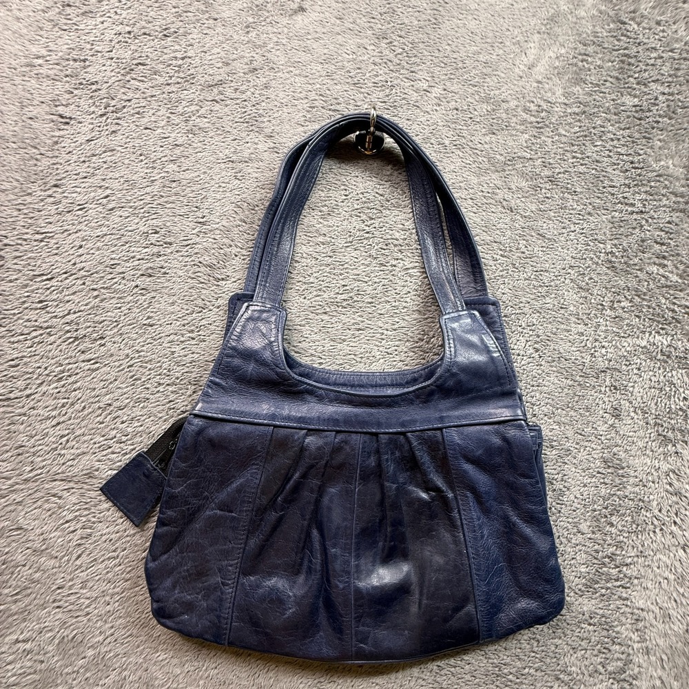 Vintage Genuine Leather Mexico Navy Blue Zip Close Shoulder Bag Purse